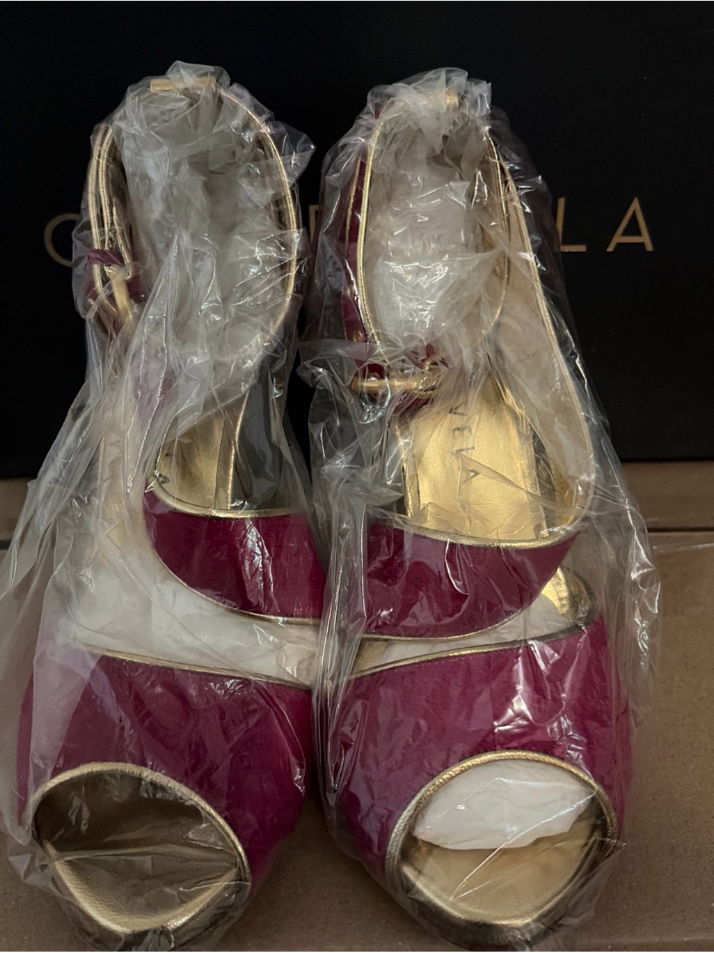Gigi Favela Open-Toe Ankle-Strap Heels In Fuchsia With Gold Trim